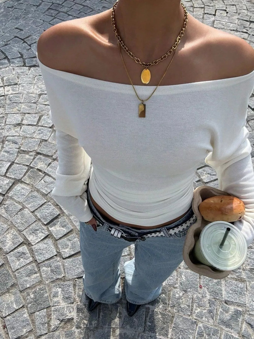 modern off-shoulder top in ivory with off-shoulder