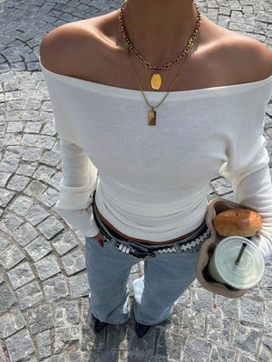 modern off-shoulder top in ivory with off-shoulder