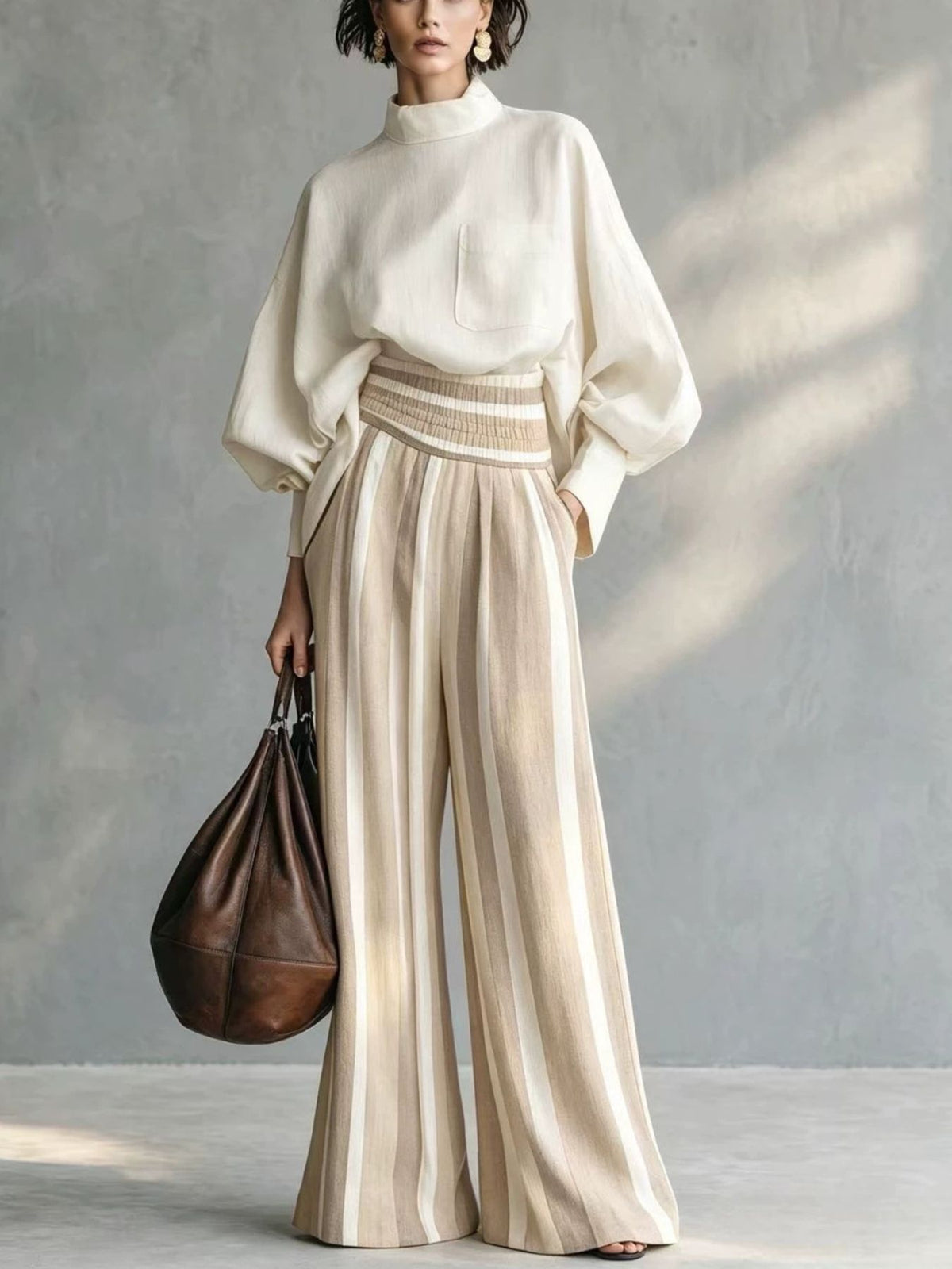 cream blouse and wide-leg pants set with striped and mock neck