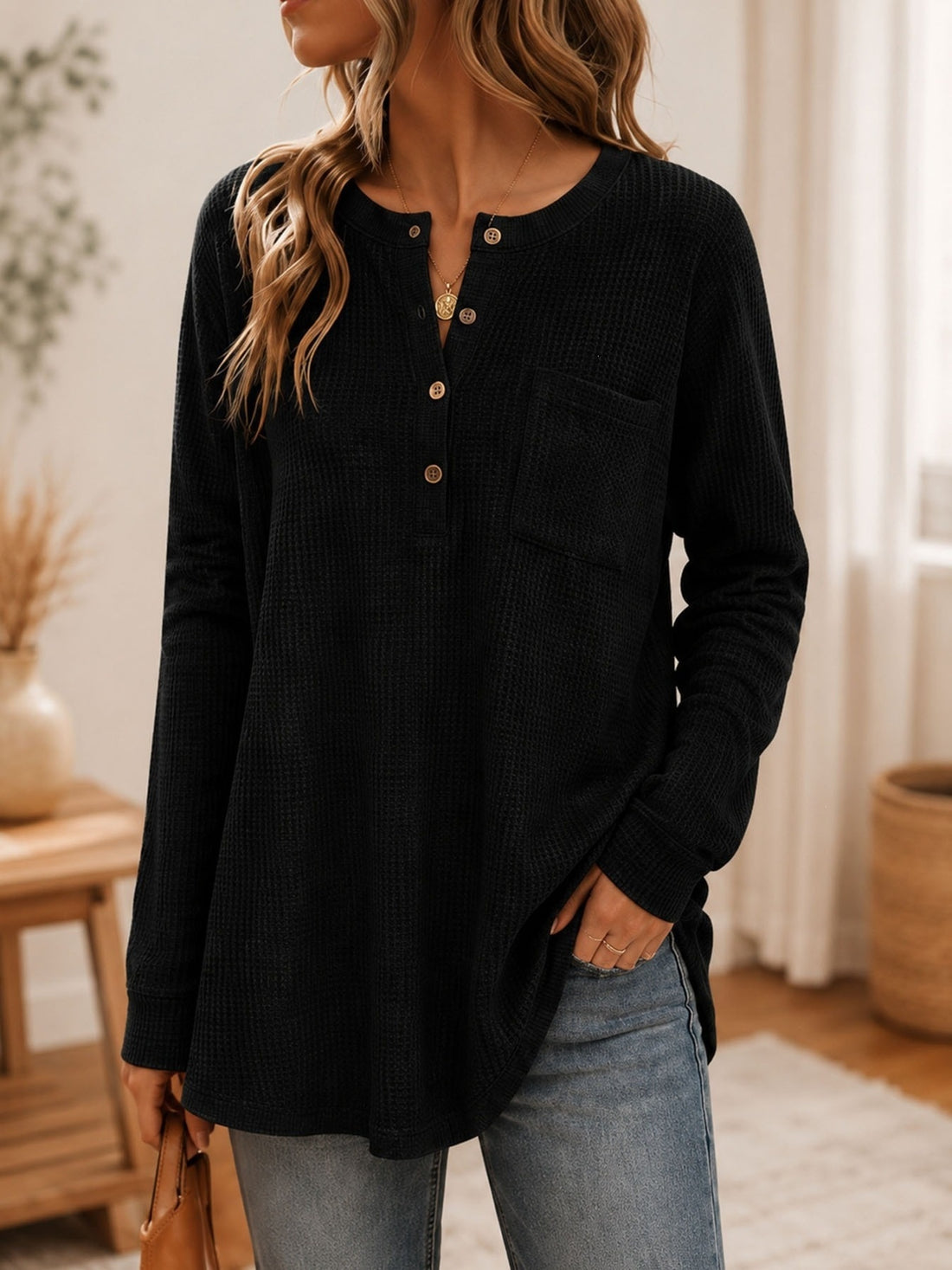 100% polyester Care instructions: Machine wash cold henley in Pink with relaxed silhouette