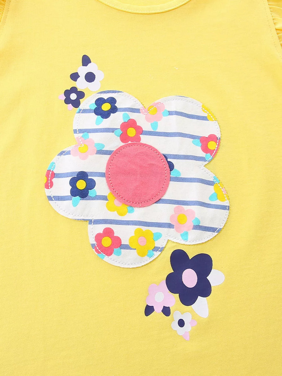 Yellow cotton toddler set with colorful floral applique and ruffle sleeves.