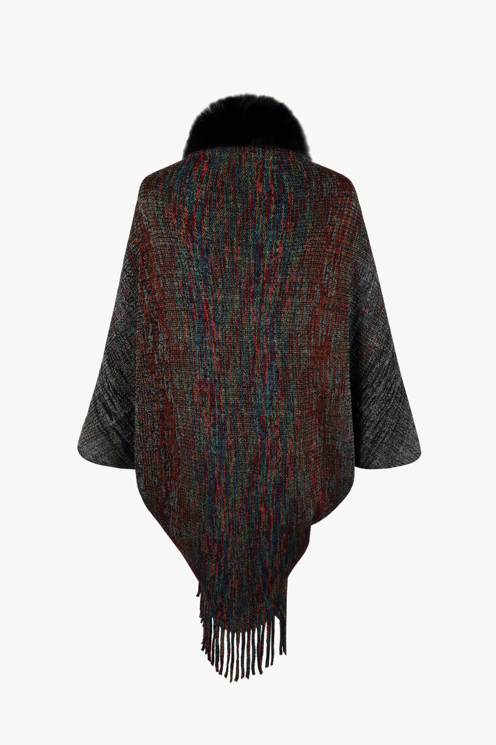 Textured knit cape with faux fur collar and fringe hem, featuring a multicolor stripe pattern.