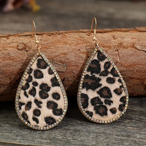 Leopard print teardrop earrings with crystal trim and gold hooks