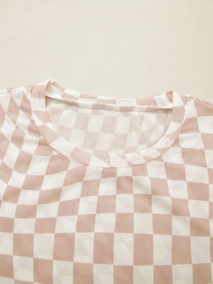Checkered mesh crew neck t-shirt in beige and white with a sheer finish.