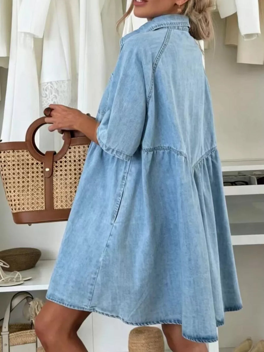 50%cotton, 50%spandex Care instructions: Machine wash cold shirt dress in Light Blue with A-line silhouette