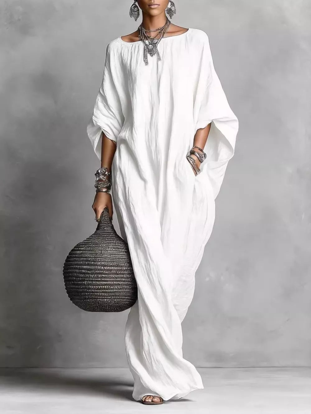 White Loose Fit Boat Neck Maxi Dress