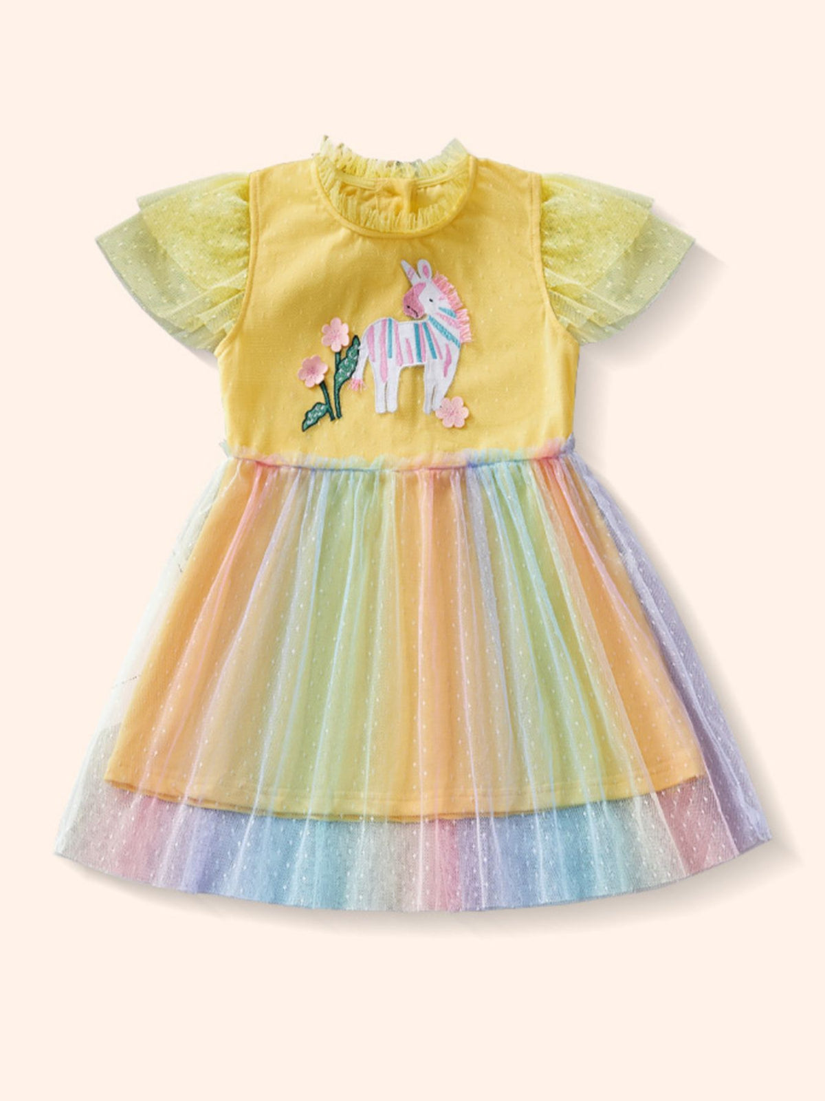 Yellow toddler dress with unicorn applique and rainbow tulle skirt.