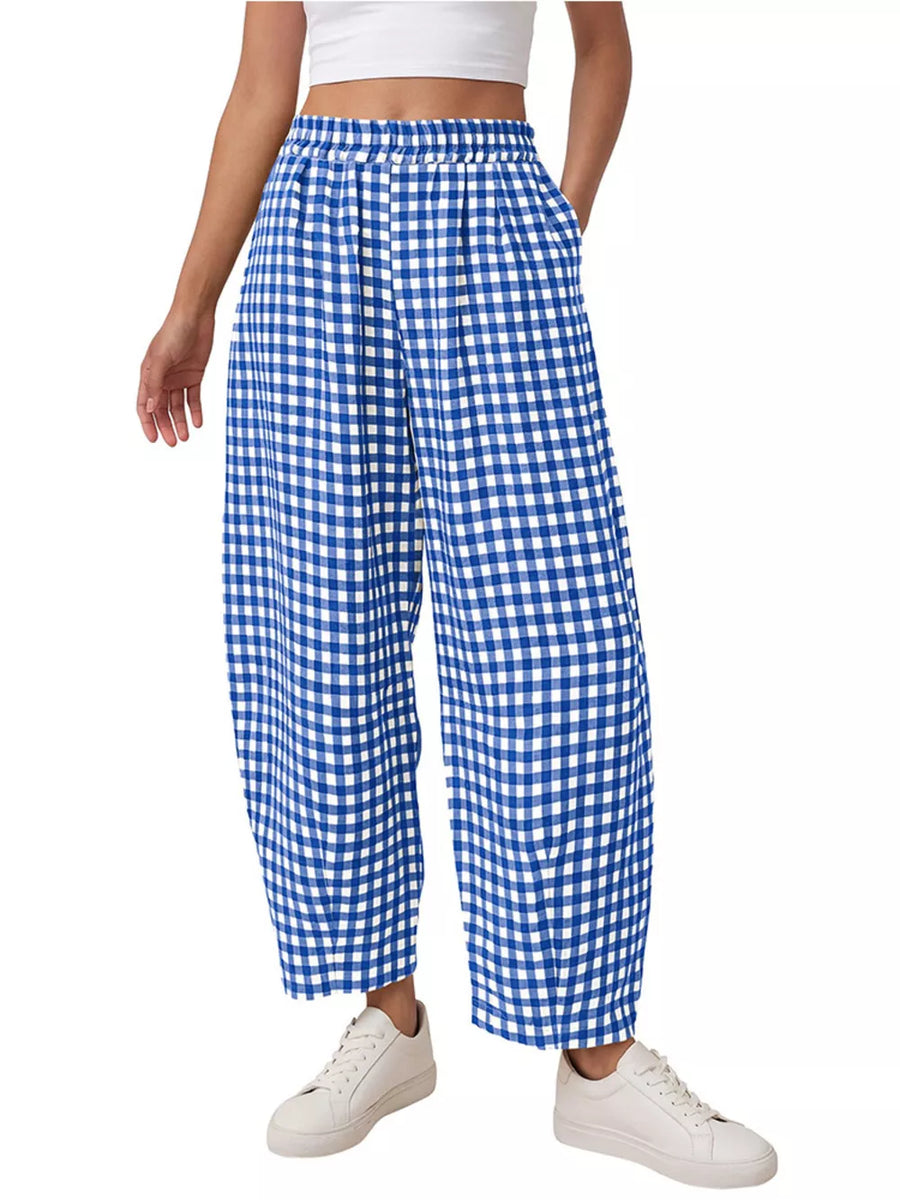 wide-leg pants in Blue with gingham and pocketed