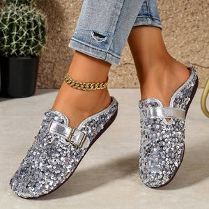 Sparkling Sequin Buckle Slip-On Loafers in Gray with sequins