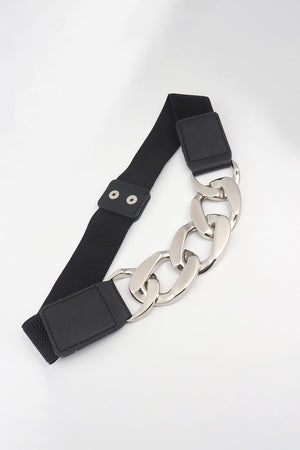Black elastic belt with silver chunky chain detail and faux leather accents
