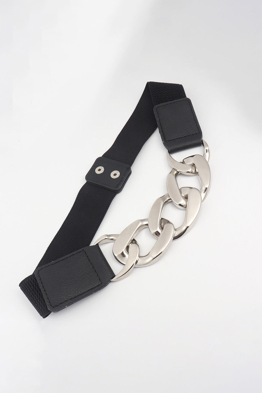 Black elastic belt with silver chunky chain detail and faux leather accents