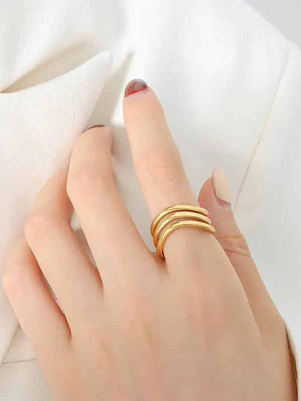 Gold triple-band sculptural ring, 18K gold-plated, modern stacked band ring