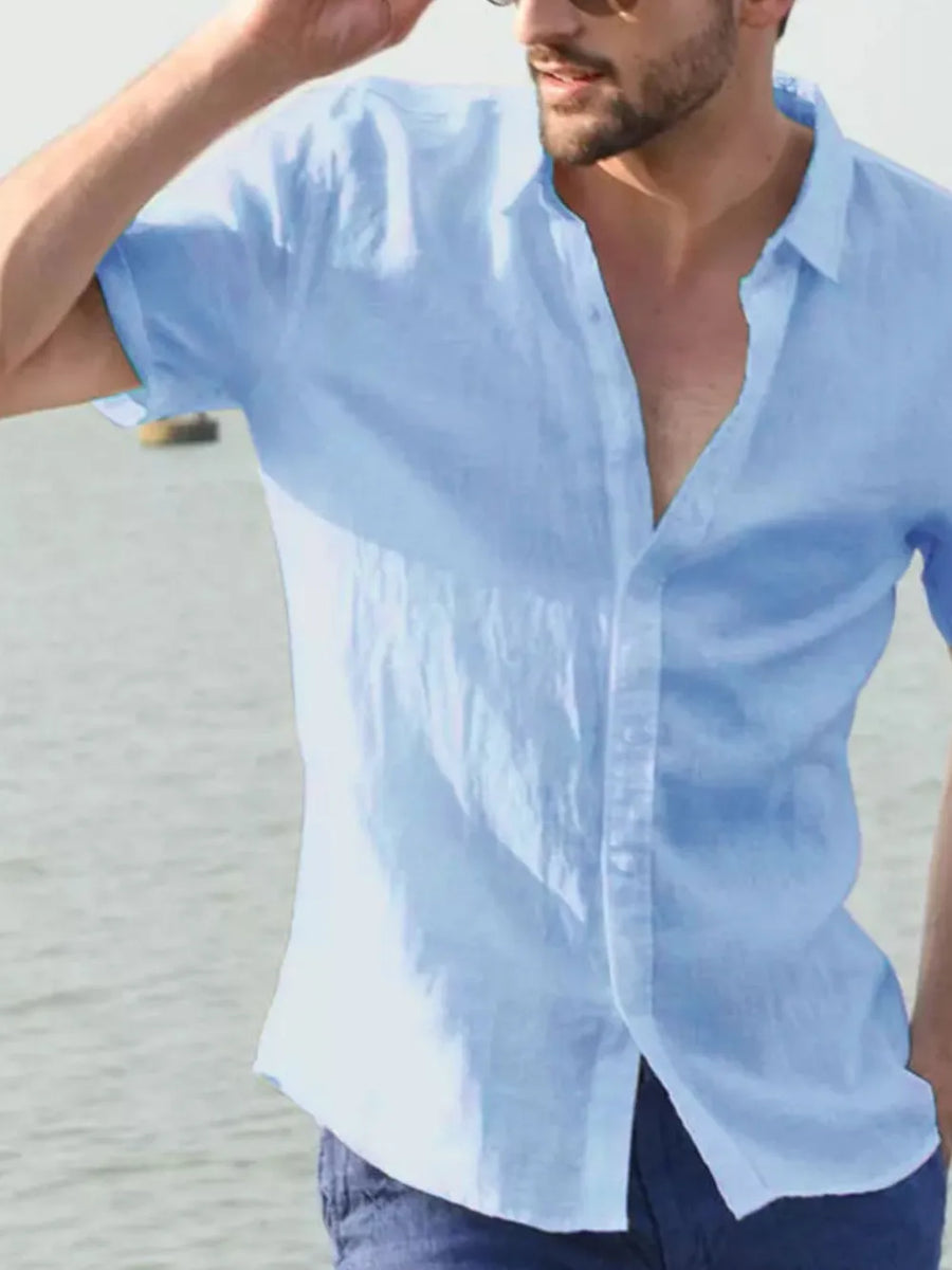 Light blue linen resort shirt, relaxed fit, short sleeves, open collar, button front