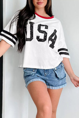 White cotton crew neck t-shirt with distressed USA graphic and striped varsity sleeves.