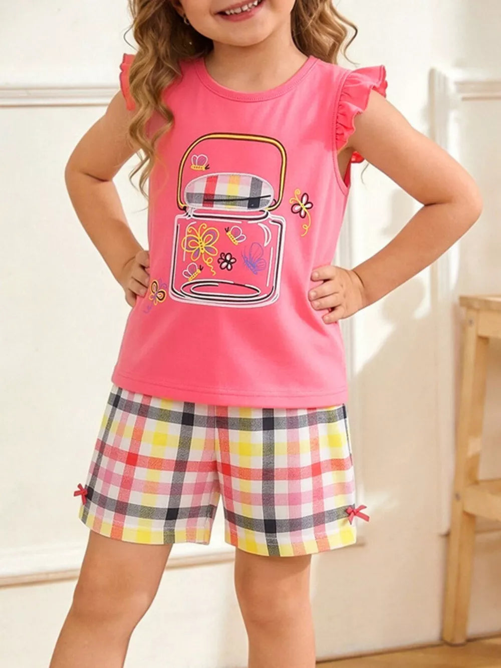 Pink ruffle sleeve tee with jar and butterfly graphic, paired with plaid shorts.