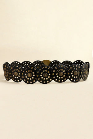 Black leather belt with scalloped edge and gold disc embellishments.