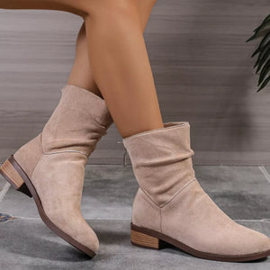 Khaki suede slouch ankle boots with block heel and side zipper detail.