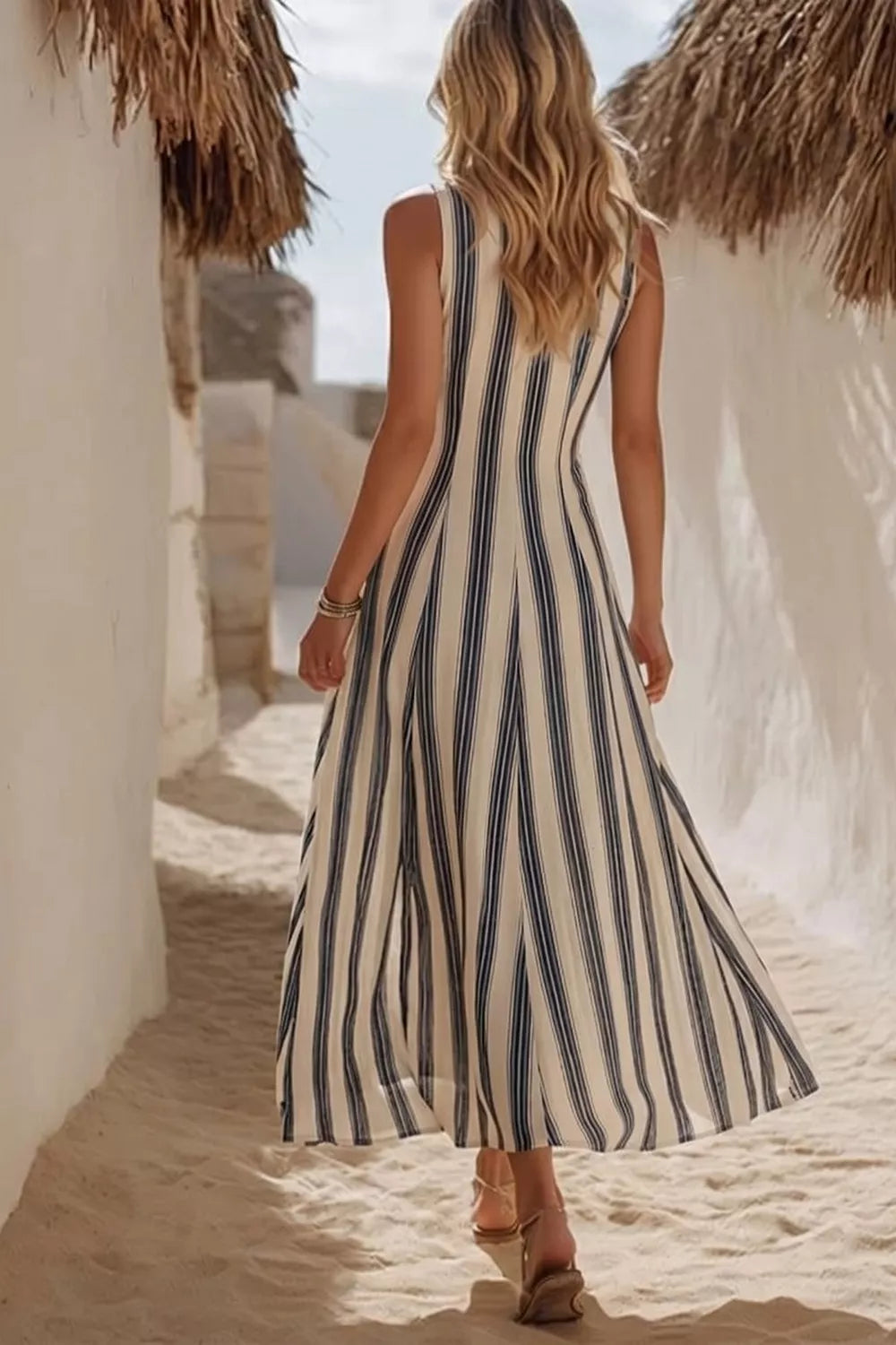 Striped V-neck Sleeveless Midi Dress in Stripe