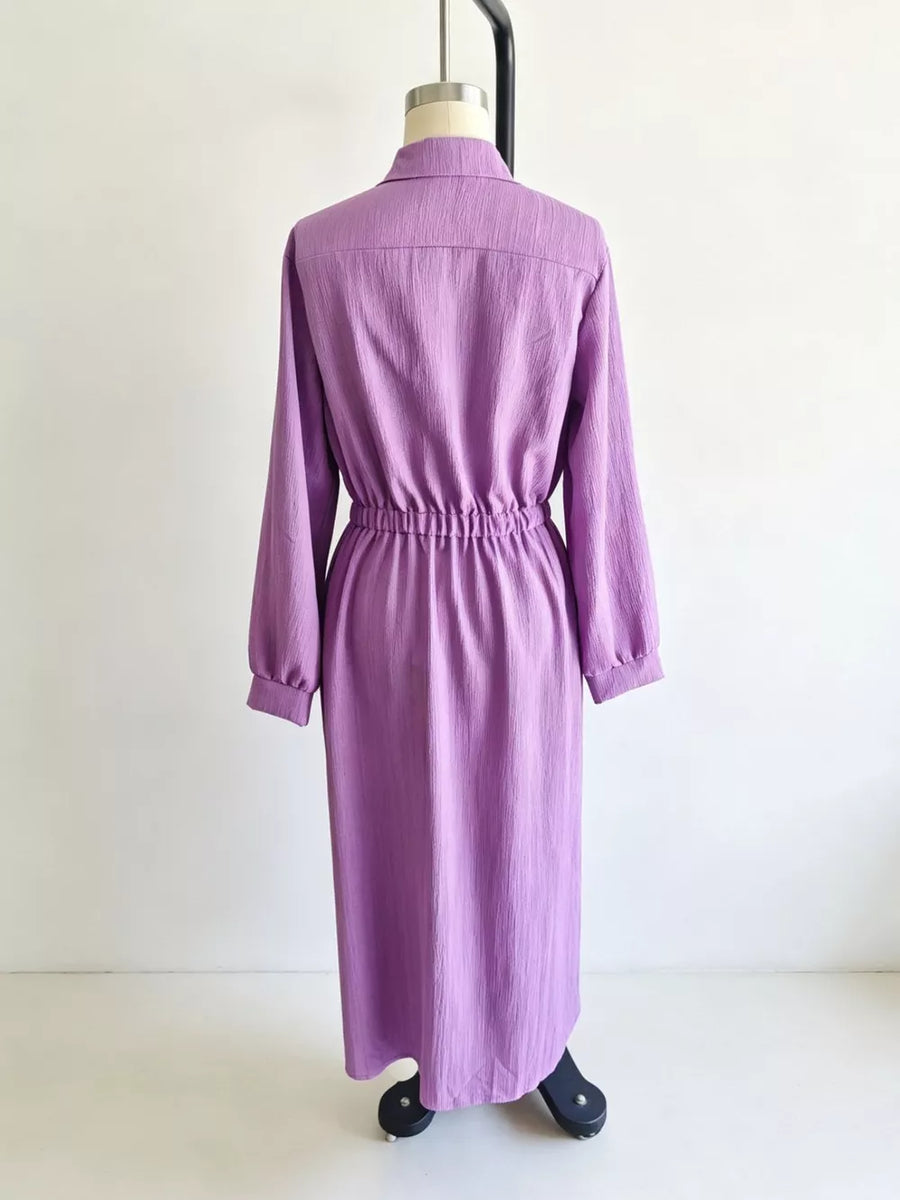 Khaki Textured Button Front Long Sleeve Maxi Dress Plus Size