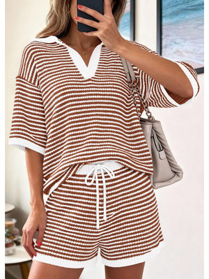 Striped knit polo shirt and drawstring shorts set in caramel and white.