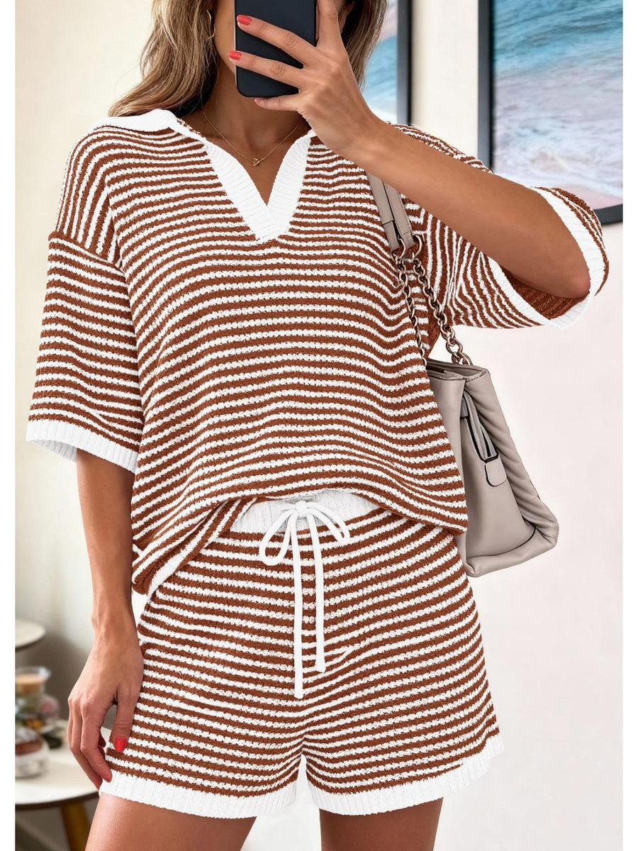 Striped knit polo shirt and drawstring shorts set in caramel and white.