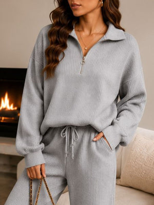 Cozy Ribbed Knit Quarter-Zip Top And Wide-Leg Set in Cream with zipper