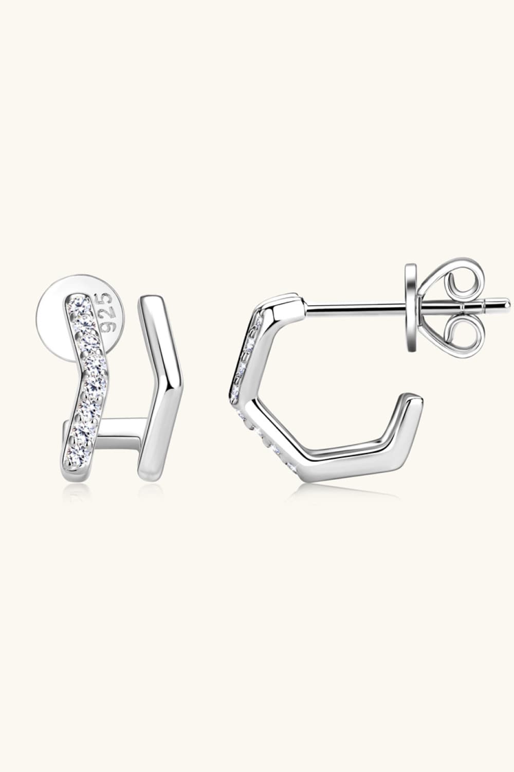 Geometric pavé silver ear jackets with cubic zirconia accents, 925 sterling silver.