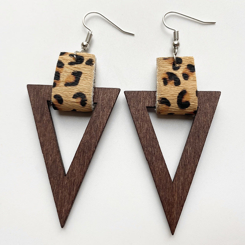 Leopard print and wood triangle dangle earrings with silver hooks