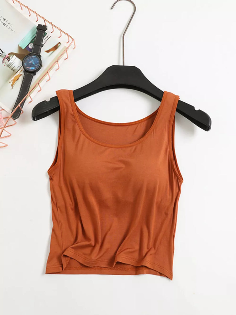 Sculpting modal tank top in caramel with a scoop neckline and padded cups.