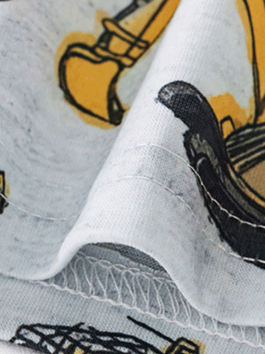 Toddler tee and shorts set with construction vehicle all-over print.