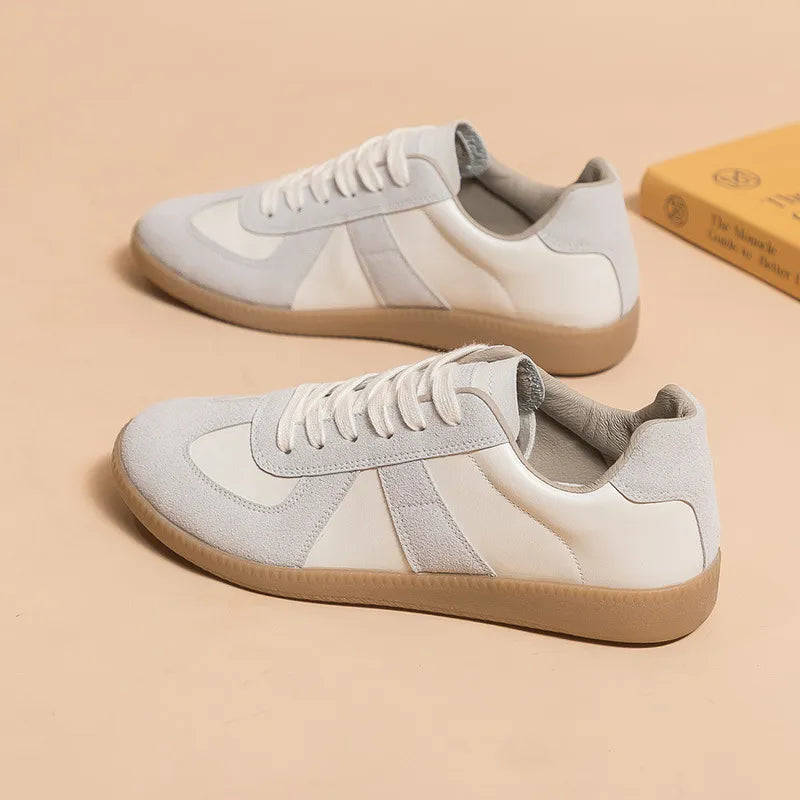 Beige and white leather and suede retro panel sneakers with gum soles