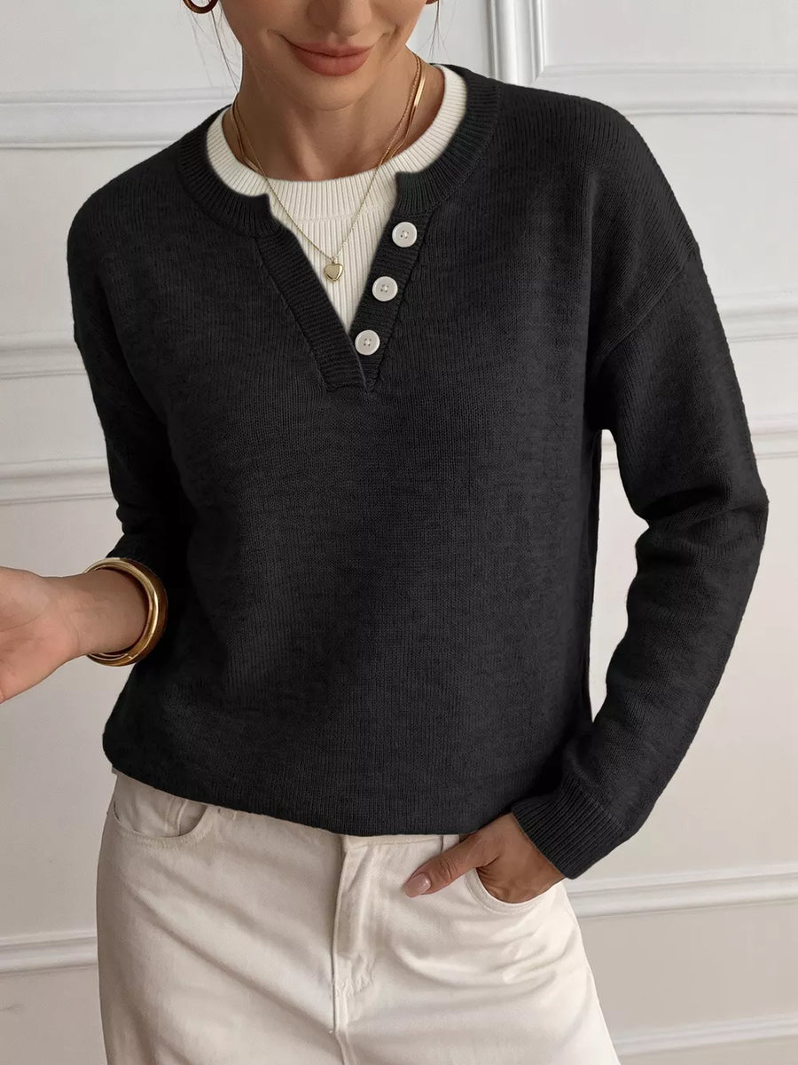 Coffee Brown relaxed pullover sweater with henley