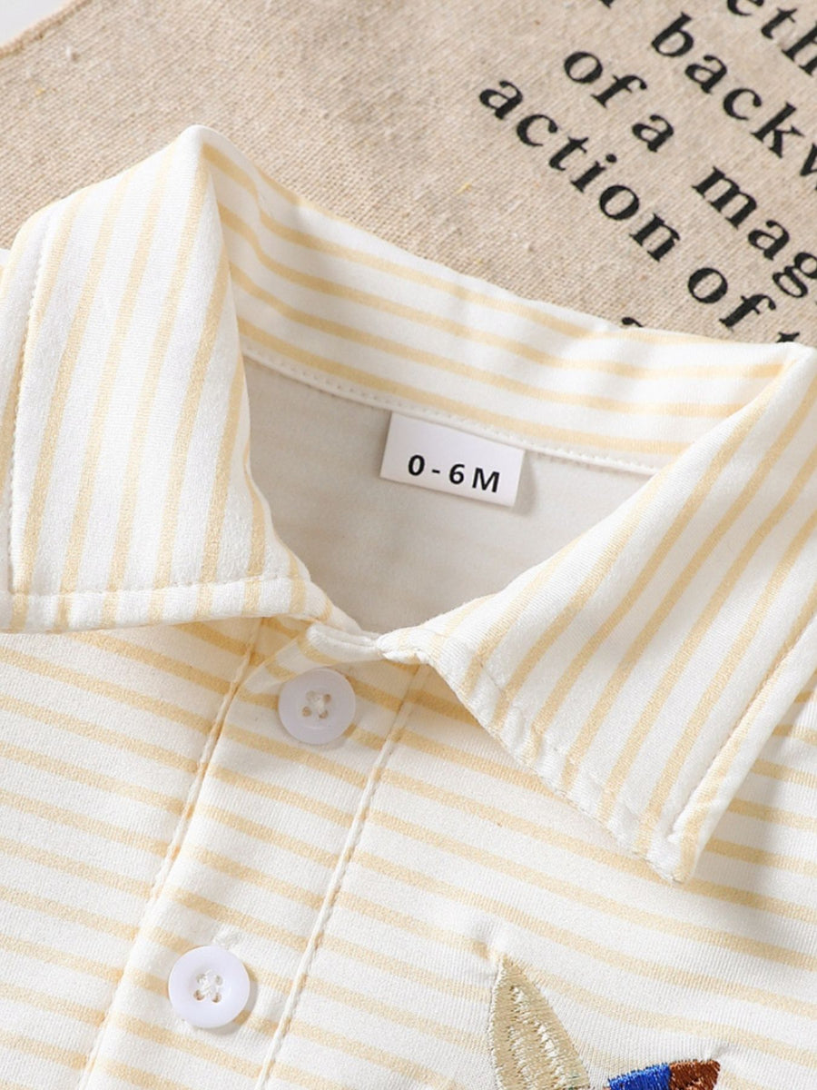 Light Yellow striped cotton polo shirt for baby with embroidered duck detail.