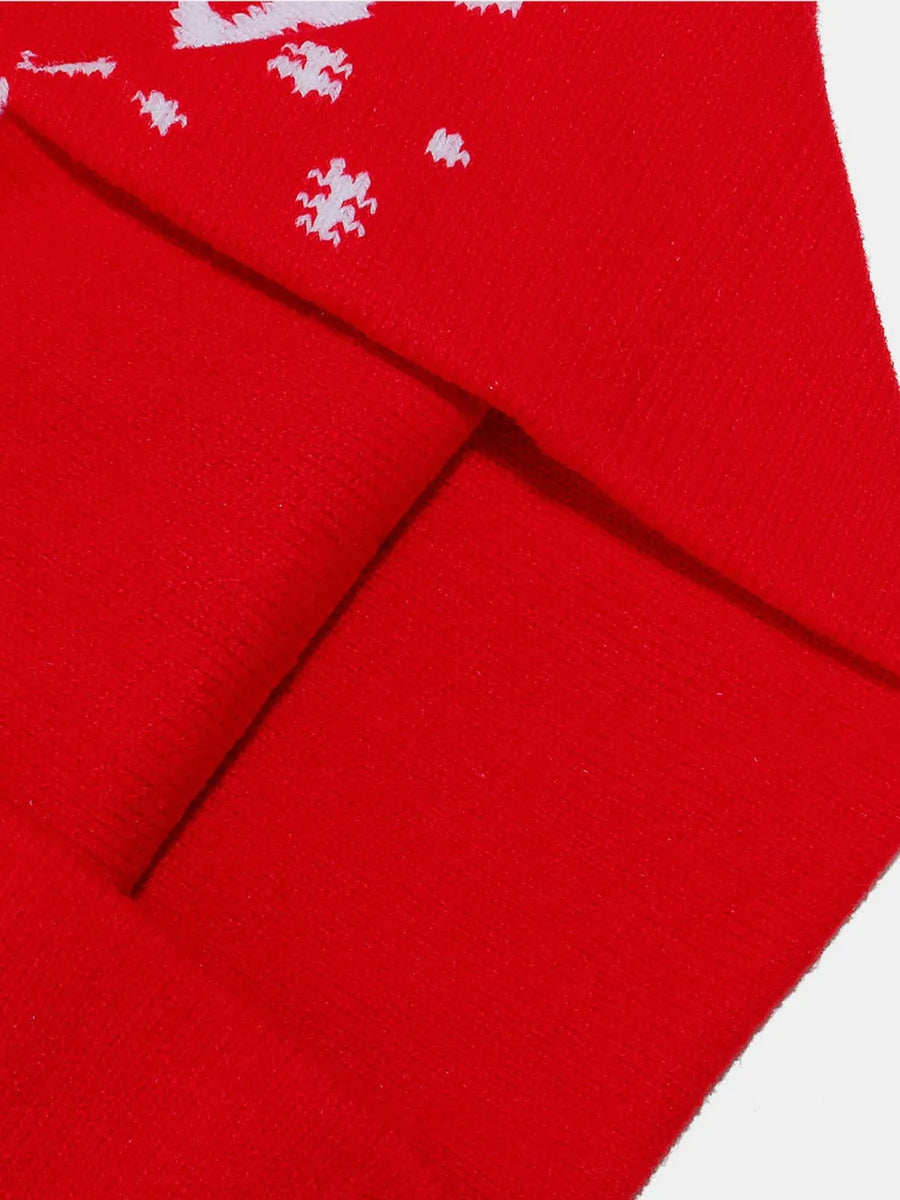Red acrylic Santa face knit beanie with white snowflake pattern detail