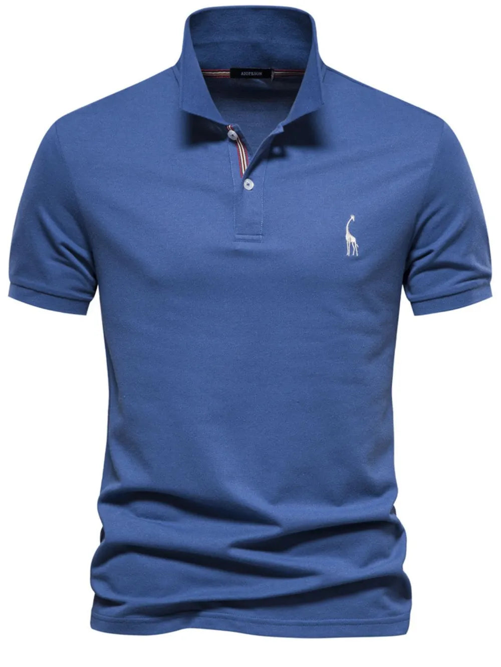 Blue piqué polo shirt with giraffe embroidery and striped collar detail.