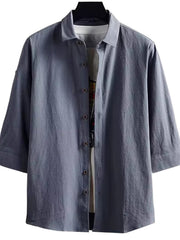 Men's dark gray cotton blend casual button-down shirt with 3/4 sleeves
