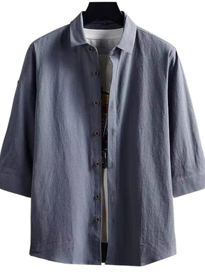Men's dark gray cotton blend casual button-down shirt with 3/4 sleeves