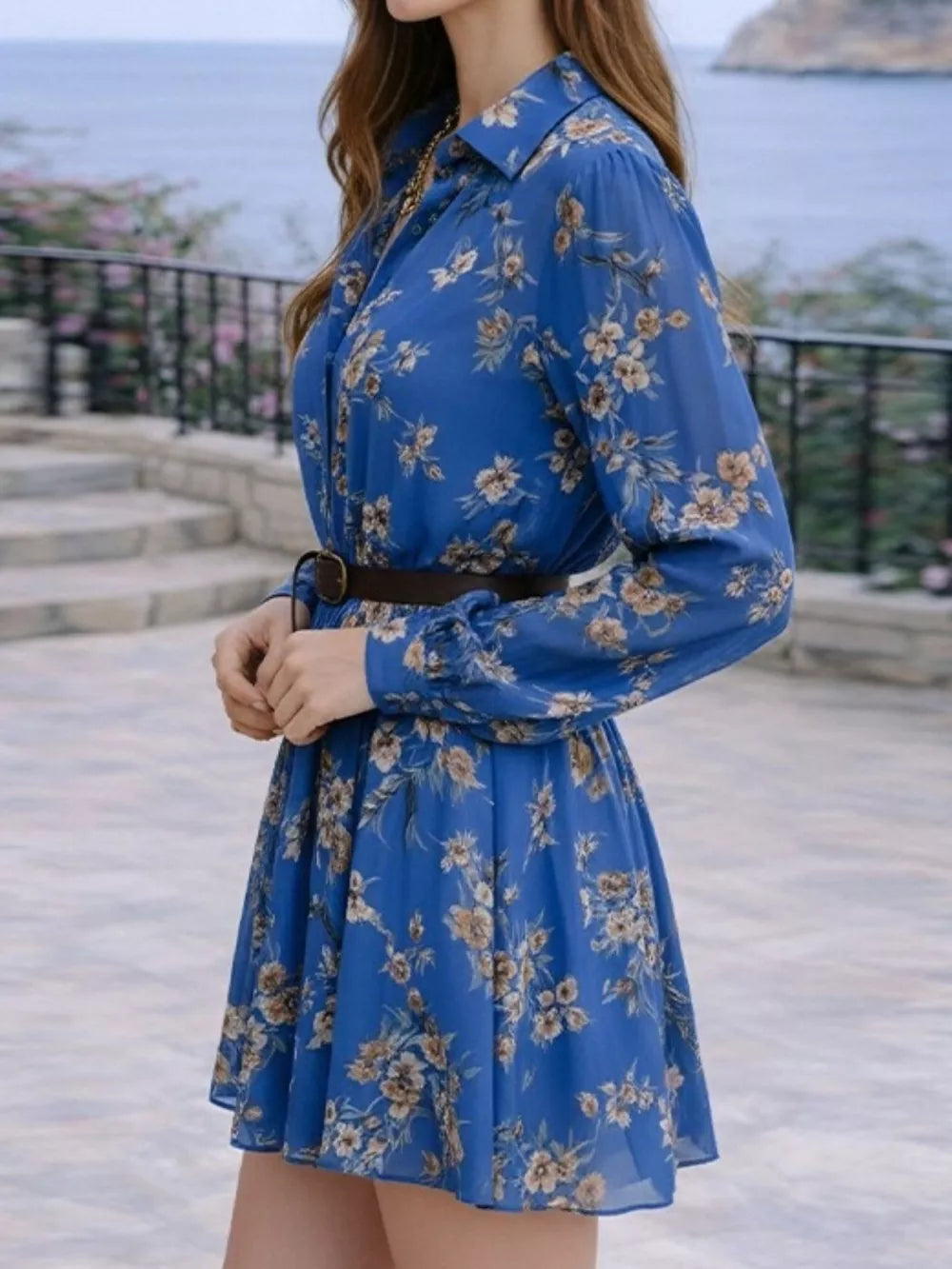 Blue shirt dress with lined and long sleeve