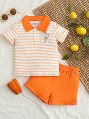 Children's orange and pastel blue striped polo shirt with bunny graphic and orange shorts.