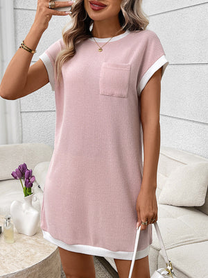 Pink ribbed knit mini dress with white trim and a chest pocket.
