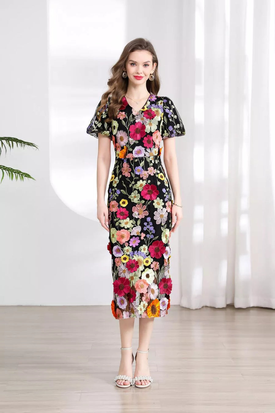 Black floral embroidered midi dress with V-neck and short sleeves