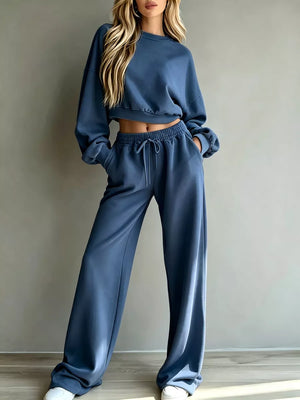 lounge set in pale yellow with drawstring and cropped top, full-length pants