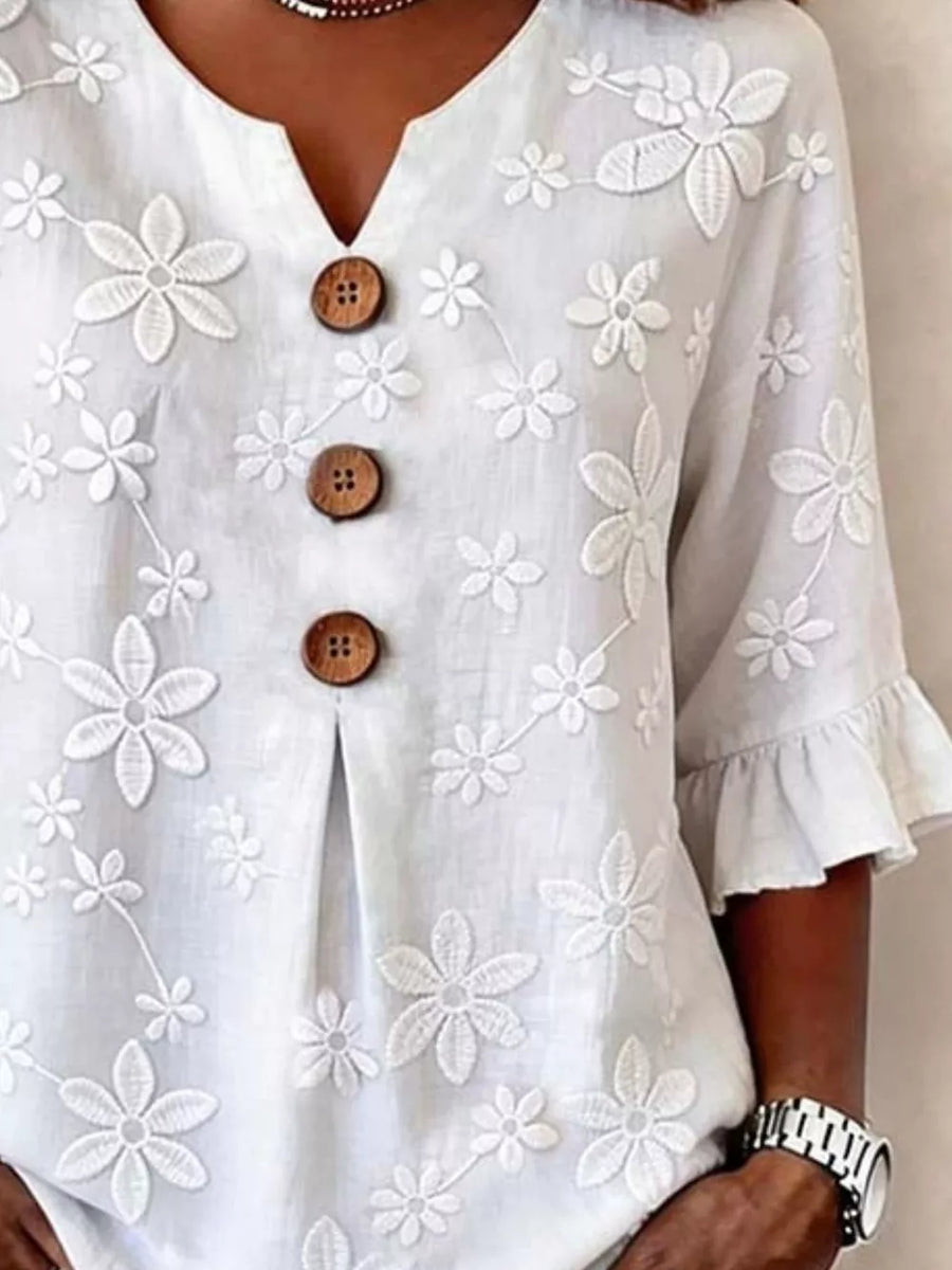 White with Full Size Floral Button Decor 3/4 Sleeve Blouse