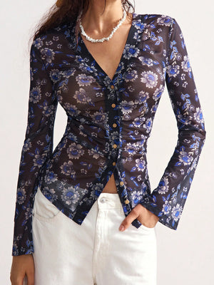 blouse in Peacock Blue with leopard-print floral and mesh