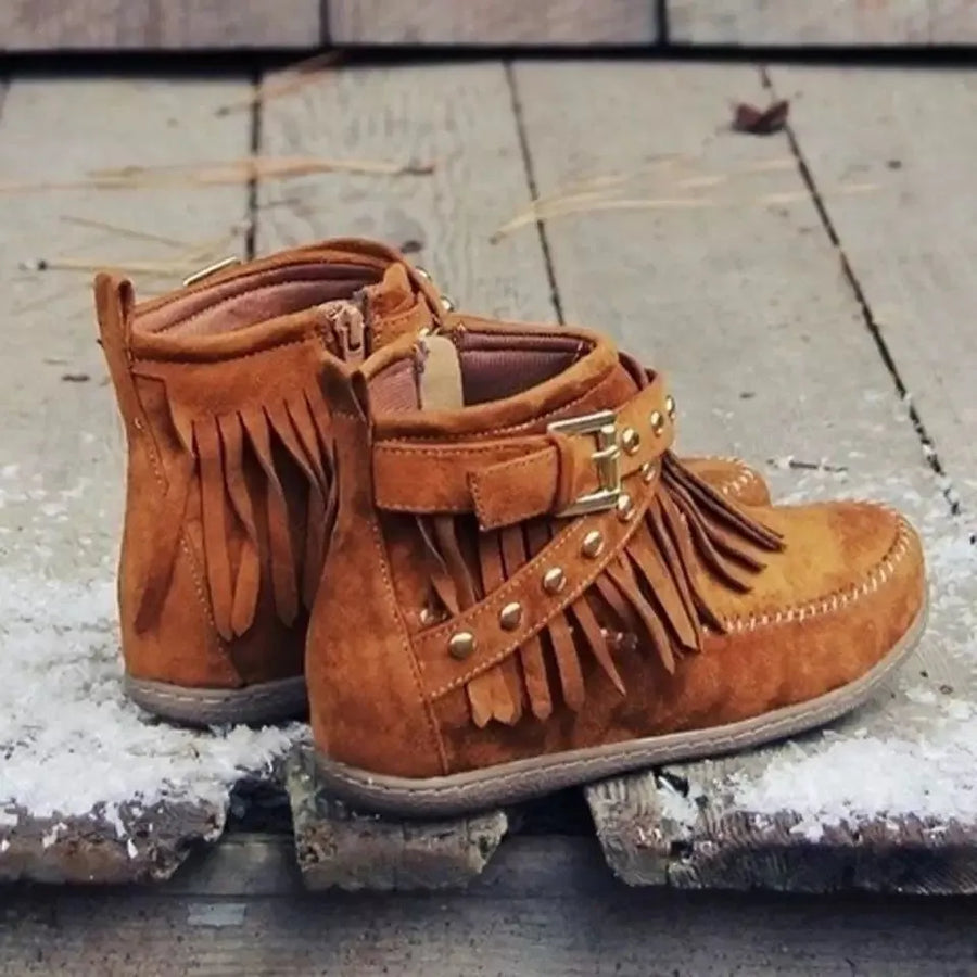 Caramel suede ankle boots with studded fringe and buckle detail