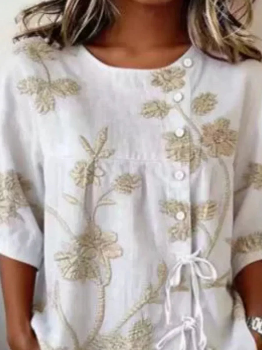 Embroidered Floral Tie Front Shirt Plus Size in White