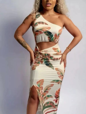 Tropical print one-shoulder maxi dress with cutout and thigh slit