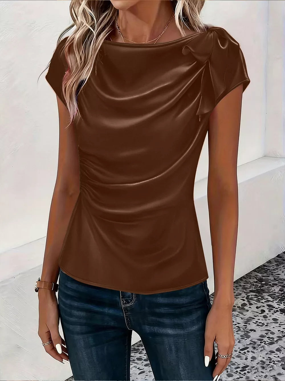 Black Ruched Short Sleeve Satin Top