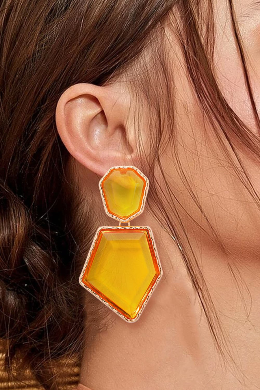 Yellow resin facet drop earrings with gold trim