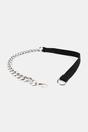 Chain detail elastic waist belt with silver metal chain and black fabric strap.